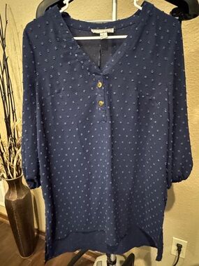 Navy Textured Dot Patterned V-Neck Blouse /Tunic with Button Detail